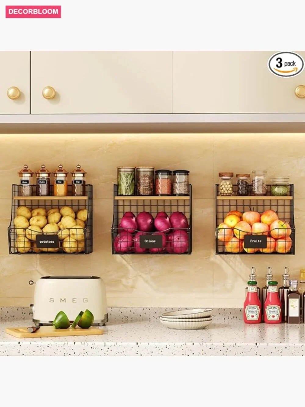 3 Pack Wire Fruit Basket with Wood Lid - Counter & Wall Mount Storage